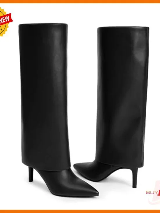 Knee High Boots Fold Over Pointed Toe Stiletto Heel Wide Calf Zipper - Picture 4 of 7